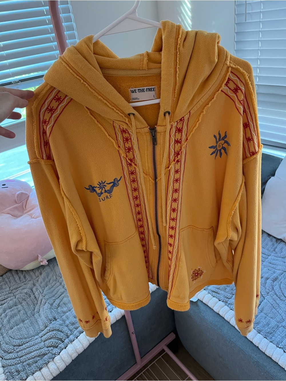 We The Free Mustard Yellow Embroidered Zip Hoodie